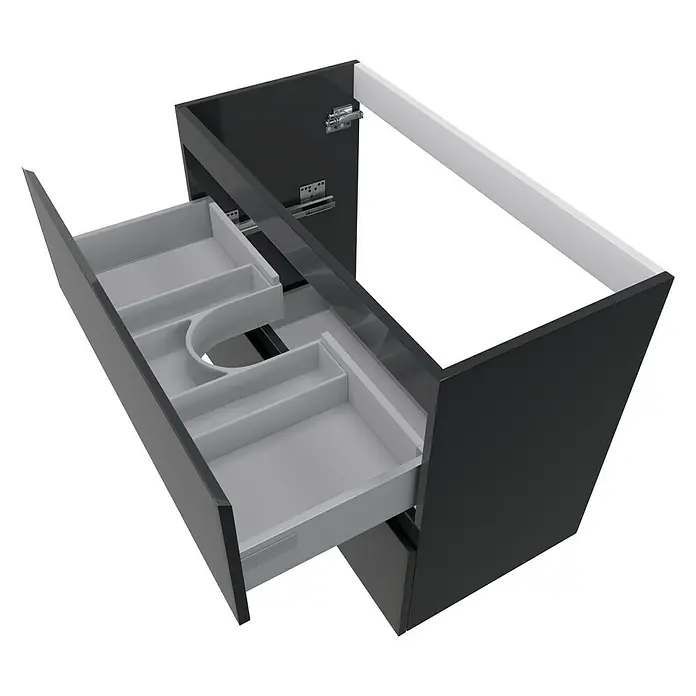 Camargue Espacio Waschtischunterschrank - 80 x 40 x 60 cm, 2 Schubkästen, Gama anthrazit glänzend - Moderne Waschtischunterschrank-Konstruktion in Schwarz mit Schubladen zur Badezimmeraufbewahrung. Das Möbelstück bietet stilvollen Stauraum.