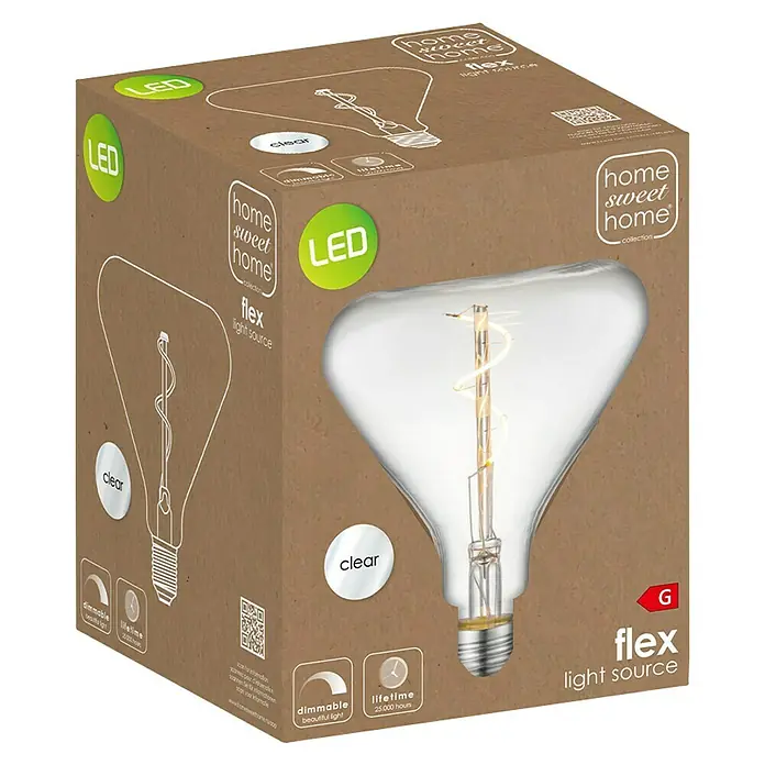 Home Sweet Home LED-Lampe Vintage Globe-Form E27 - E27, Dimmbar, Neutralweiß, 160 lm, 3 W, Farbe: Klar - Eine LED-Glühbirne "Home Sweet Home Flex Light Source" in einer klaren, trapezförmigen Form, verpackt in einem Karton.