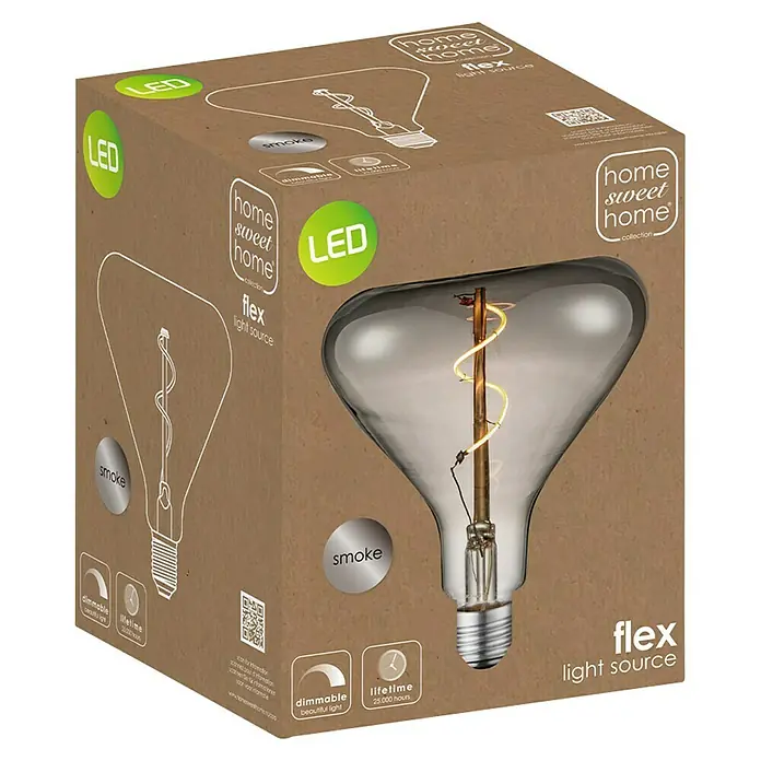 Home Sweet Home LED-Lampe Vintage Globe-Form E27 - E27, Dimmbar, Warmweiß, 20 lm, 3 W, Farbe: Smoky - Eine Nahaufnahme der Verpackung einer Home Sweet Home Flex LED-Glühbirne mit "Smoke"-Effekt, die ein warmes Licht verspricht.
