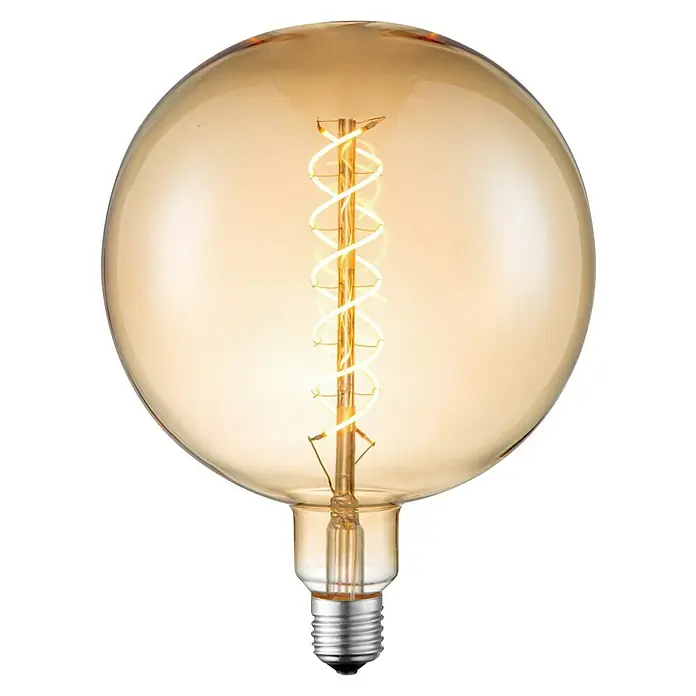 Home Sweet Home LED-Lampe Vintage Globe-Form E27 - E27, Dimmbar, Warmweiß, 220 lm, 6 W, Farbe: Gold - Nahaufnahme einer goldenen Edison-Glühbirne mit gewendeltem Glühfaden vor schwarzem Hintergrund.