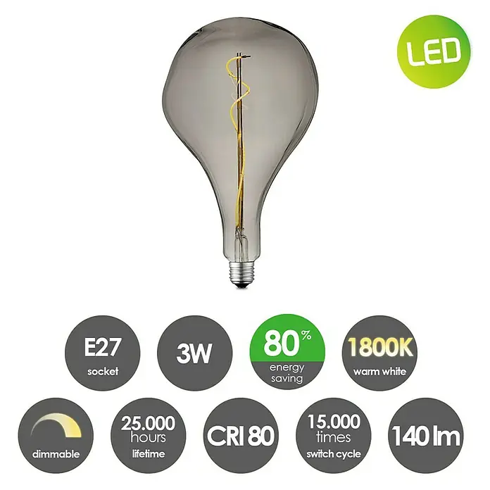 Home Sweet Home LED-Lampe Vintage Globe-Form E27 - E27, Dimmbar, Warmweiß, 20 lm, 4 W, Farbe: Smoky - Nahaufnahme einer grauen LED-Lampe mit den Spezifikationen E27, 3W, 1800K, 140 lm, 80% Energieeinsparung, 25.000 Stunden Lebensdauer.