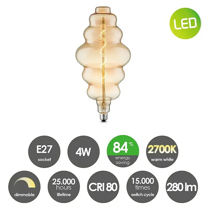 Home Sweet Home LED-Lampe Vintage Globe-Form E27 - E27, Dimmbar, Warmweiß, 140 lm, 4 W, Sonstige - Produktansicht einer LED-Glühbirne mit E27-Sockel, 4W, 2700K warmweiß, dimmbar, 25.000 Stunden Lebensdauer und 84% Energieeinsparung.