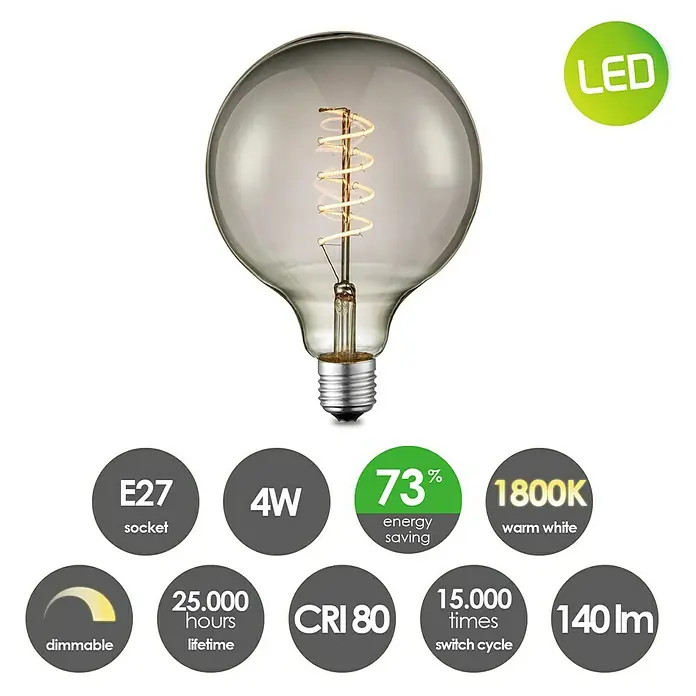 Home Sweet Home LED-Lampe Vintage Globe-Form E27 - E27, Dimmbar, Warmweiß, 140 lm, 4 W - Nahaufnahme einer LED-Lampe mit E27-Sockel, 4W Leistung, 1800K warmweißem Licht, 140 lm Helligkeit und dimmbarer Funktion.