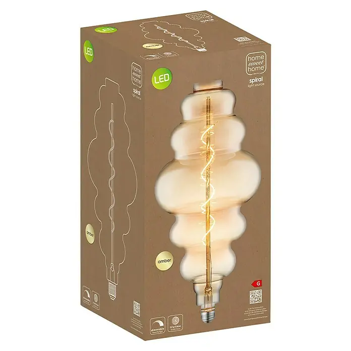 Home Sweet Home LED-Lampe Vintage Globe-Form E27 - E27, Dimmbar, Warmweiß, 140 lm, 4 W, Sonstige - Das Produktbild zeigt eine "Home Sweet Home" LED-Glühbirne in Spiralform, verpackt in einem Karton. Die Glühbirne strahlt ein warmes, bernsteinfarbenes Licht aus.