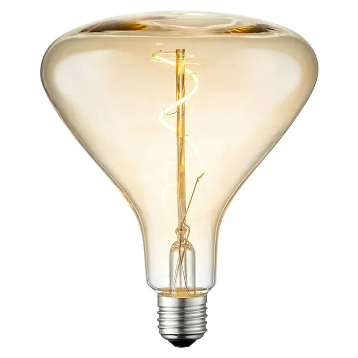 Home Sweet Home LED-Lampe Vintage Globe-Form E27 - E27, Dimmbar, Warmweiß, 130 lm, 3 W, Farbe: Gold - Nahaufnahme einer dekorativen Edison-Glühbirne mit spiralförmigem Filament, die warmes Licht ausstrahlt.