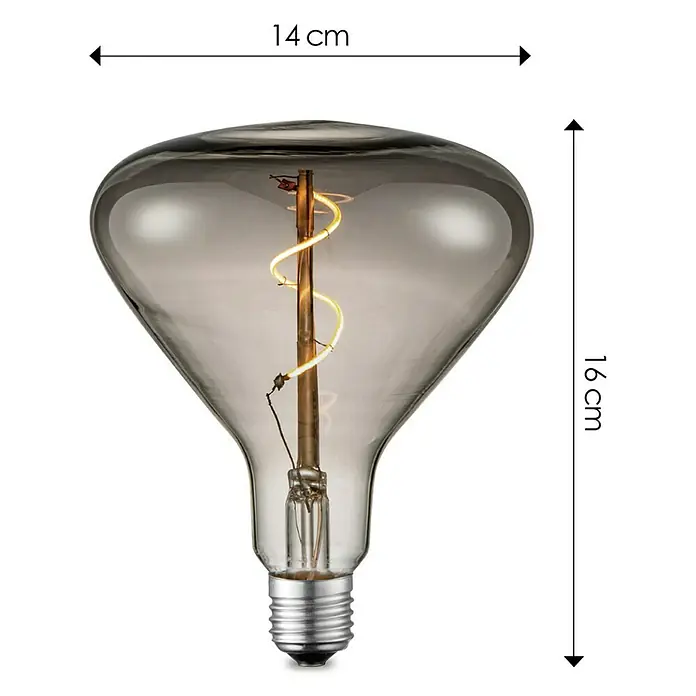 Home Sweet Home LED-Lampe Vintage Globe-Form E27 - E27, Dimmbar, Warmweiß, 20 lm, 3 W, Farbe: Smoky - Abbildung einer rauchgrauen dekorativen Glühbirne mit den Maßen 14 cm breit und 16 cm hoch.