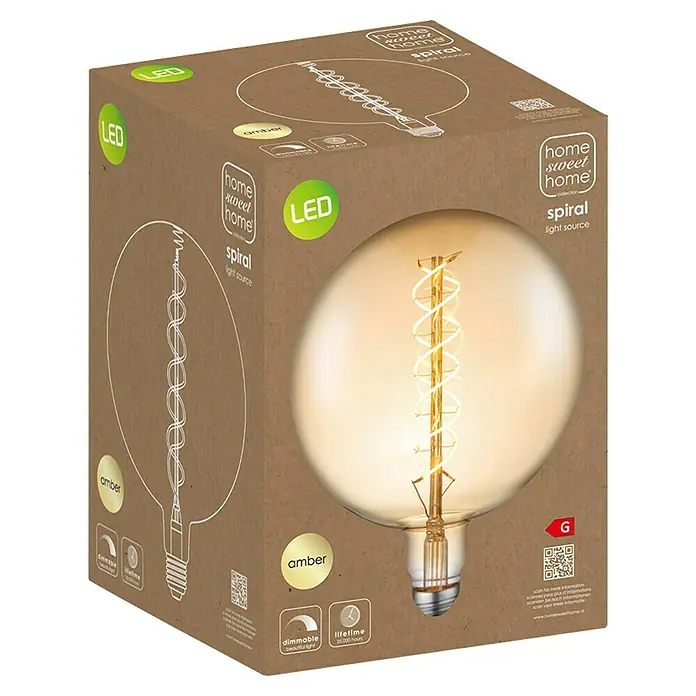 Home Sweet Home LED-Lampe Vintage Globe-Form E27 - E27, Dimmbar, Warmweiß, 220 lm, 6 W, Farbe: Gold - Ein Karton mit einer LED-Glühbirne der Marke Home Sweet Home. Die Glühbirne ist spiralförmig und hat einen warmen, bernsteinfarbenen Farbton.