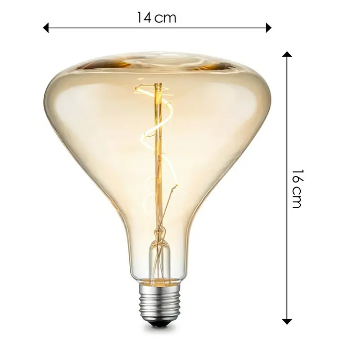 Home Sweet Home LED-Lampe Vintage Globe-Form E27 - E27, Dimmbar, Warmweiß, 130 lm, 3 W, Farbe: Gold - Diese Abbildung zeigt eine dekorative, bernsteinfarbene Glühbirne mit gut sichtbaren Abmessungen, die ihr einzigartiges Aussehen hervorheben.