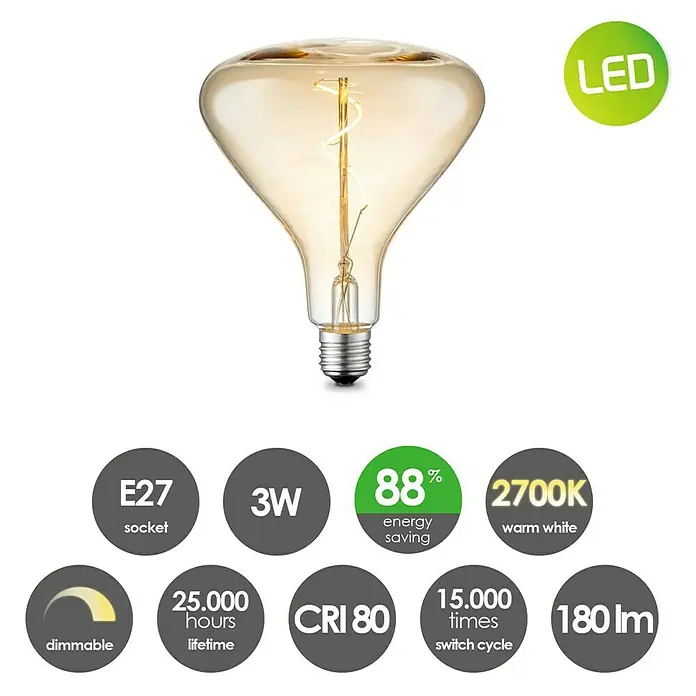 Home Sweet Home LED-Lampe Vintage Globe-Form E27 - E27, Dimmbar, Warmweiß, 130 lm, 3 W, Farbe: Gold - Eine LED-Glühbirne mit E27-Sockel, 3W Leistung, 88% Energieeinsparung, 2700K warmweiß, dimmbar, 25.000 Stunden Lebensdauer und 180 Lumen.