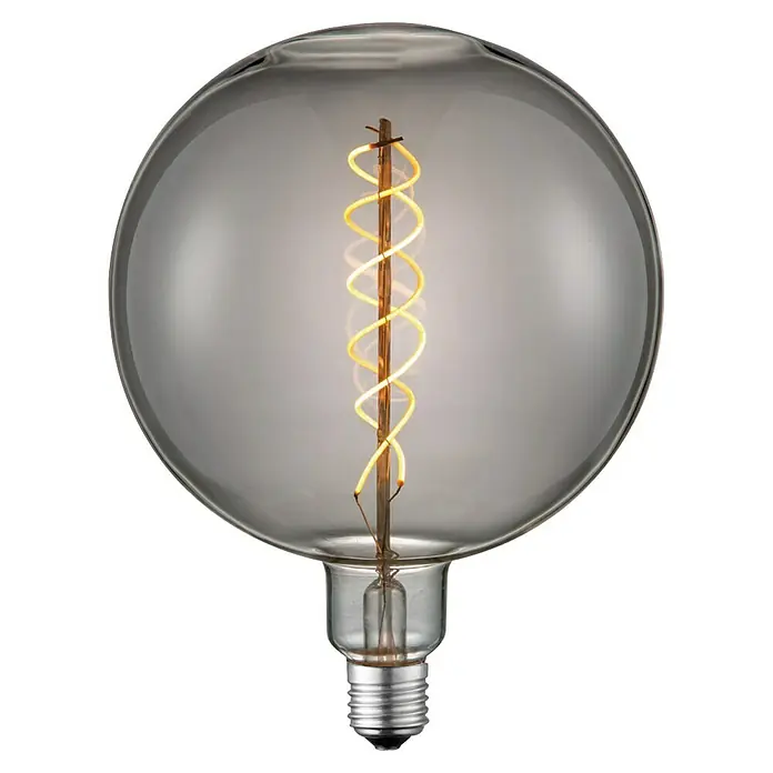 Home Sweet Home LED-Lampe Vintage Globe-Form E27 - E27, Dimmbar, Warmweiß, 20 lm, 6 W, Farbe: Smoky - Nahaufnahme einer dekorativen Edison-Glühbirne mit spiralförmigem Filament.
