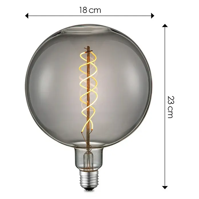 Home Sweet Home LED-Lampe Vintage Globe-Form E27 - E27, Dimmbar, Warmweiß, 20 lm, 6 W, Farbe: Smoky - Nahaufnahme einer grauen Glühbirne mit den Maßen 18x23 cm, die ein warmes Licht ausstrahlt.