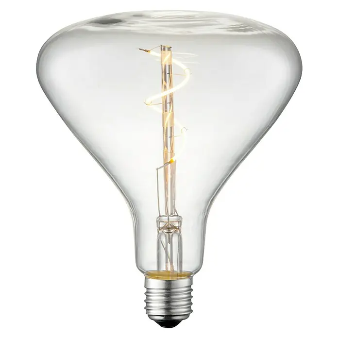 Home Sweet Home LED-Lampe Vintage Globe-Form E27 - E27, Dimmbar, Neutralweiß, 160 lm, 3 W, Farbe: Klar - Nahaufnahme einer transparenten Edison-Glühbirne mit einem gewundenen Filament vor einem schwarzen Hintergrund.