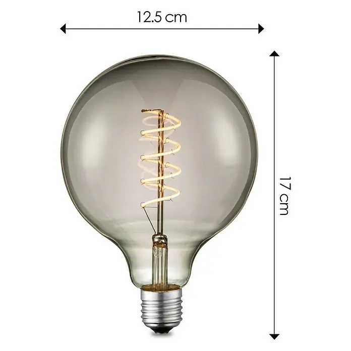 Home Sweet Home LED-Lampe Vintage Globe-Form E27 - E27, Dimmbar, Warmweiß, 140 lm, 4 W - Nahaufnahme einer dekorativen Glühbirne mit einem spiralförmigen Glühfaden und den Maßen 12,5 cm x 17 cm.