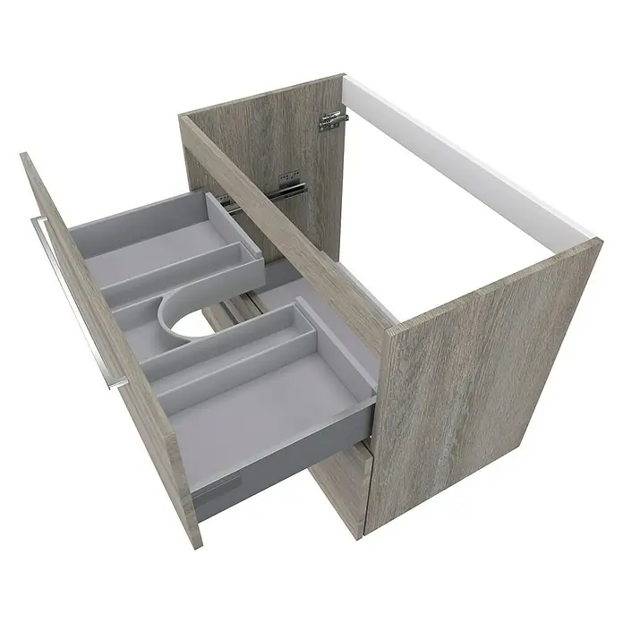 Camargue Espacio Waschtischunterschrank - 80 x 46 x 60 cm, 2 Schubkästen, Faro - Bild eines Waschtischunterschranks mit geöffneten Schubladen, der die Inneneinteilung zeigt.