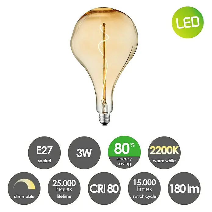 Home Sweet Home LED-Lampe Vintage Globe-Form Flex E27 - E27, Dimmbar, Warmweiß, 140 lm, 4 W, Farbe: Gold - Energiesparende 3W LED-Lampe mit E27-Sockel, warmweißem Licht (2200K) und langer Lebensdauer (25.000 Stunden).