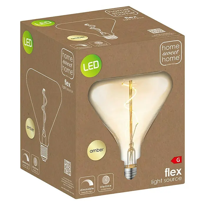 Home Sweet Home LED-Lampe Vintage Globe-Form E27 - E27, Dimmbar, Warmweiß, 130 lm, 3 W, Farbe: Gold - Die Verpackung einer Home Sweet Home LED-Glühbirne, die eine bernsteinfarbene Beleuchtung und eine Lebensdauer von 25.000 Stunden bietet.