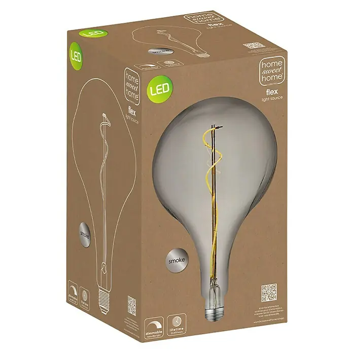 Home Sweet Home LED-Lampe Vintage Globe-Form E27 - E27, Dimmbar, Warmweiß, 20 lm, 4 W, Farbe: Smoky - Produktverpackung für eine rauchfarbene "Home Sweet Home" LED-Glühbirne, die ein gemütliches und modernes Ambiente verspricht.