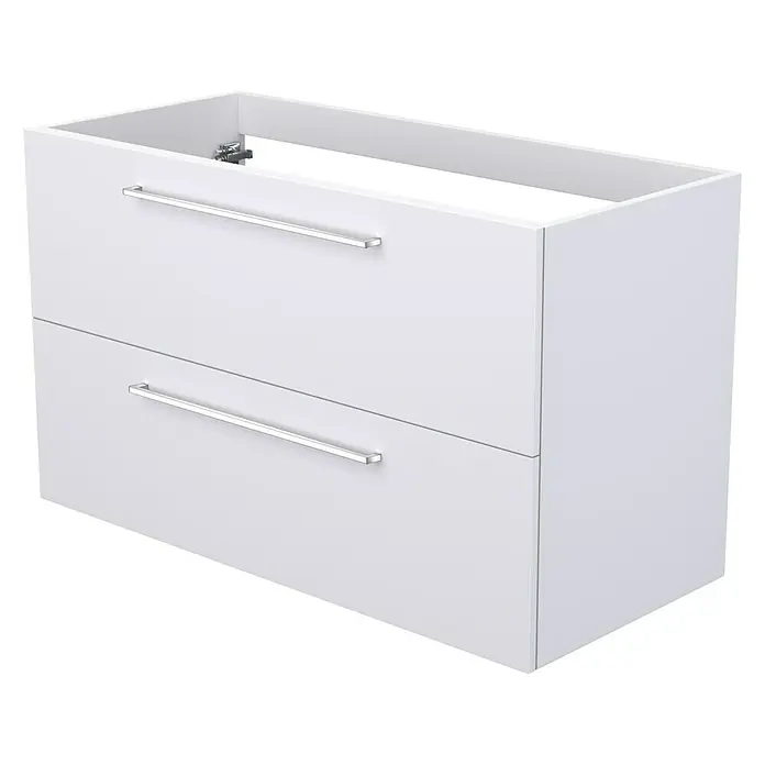 Camargue Espacio Waschtischunterschrank100 x 46 x 60 cm, 2 Schubkästen, Mira - Ein weißer Badezimmerschrank mit zwei Schubladen und silbernen Griffen, der eine elegante und moderne Ästhetik bietet.