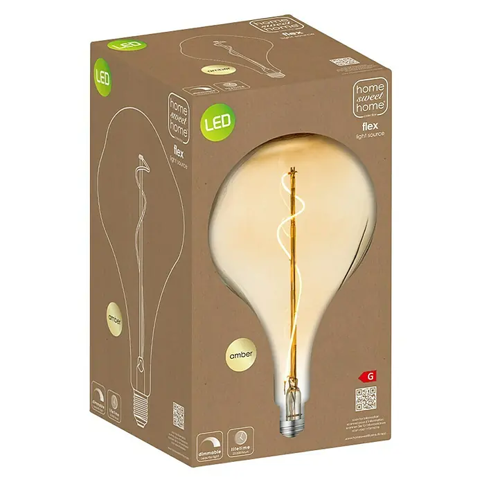 Home Sweet Home LED-Lampe Vintage Globe-Form Flex E27 - E27, Dimmbar, Warmweiß, 140 lm, 4 W, Farbe: Gold - Eine Verpackung für eine LED-Glühbirne „Home Sweet Home Flex“. Die Glühbirne ist bernsteinfarben und dimmbar mit langer Lebensdauer.