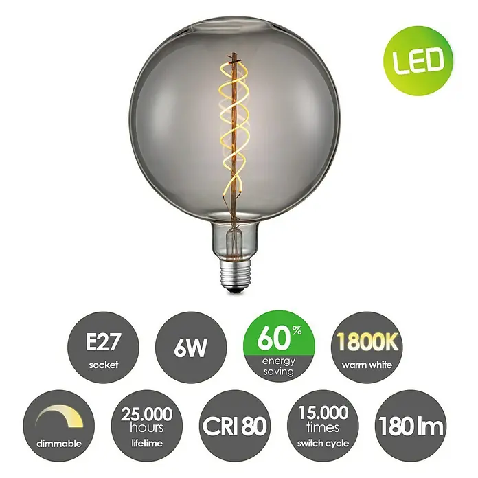 Home Sweet Home LED-Lampe Vintage Globe-Form E27 - E27, Dimmbar, Warmweiß, 20 lm, 6 W, Farbe: Smoky - Ein graues LED-Leuchtmittel mit E27-Sockel, 6W Leistung, 1800K warmweißem Licht und einer Lebensdauer von 25.000 Stunden.
