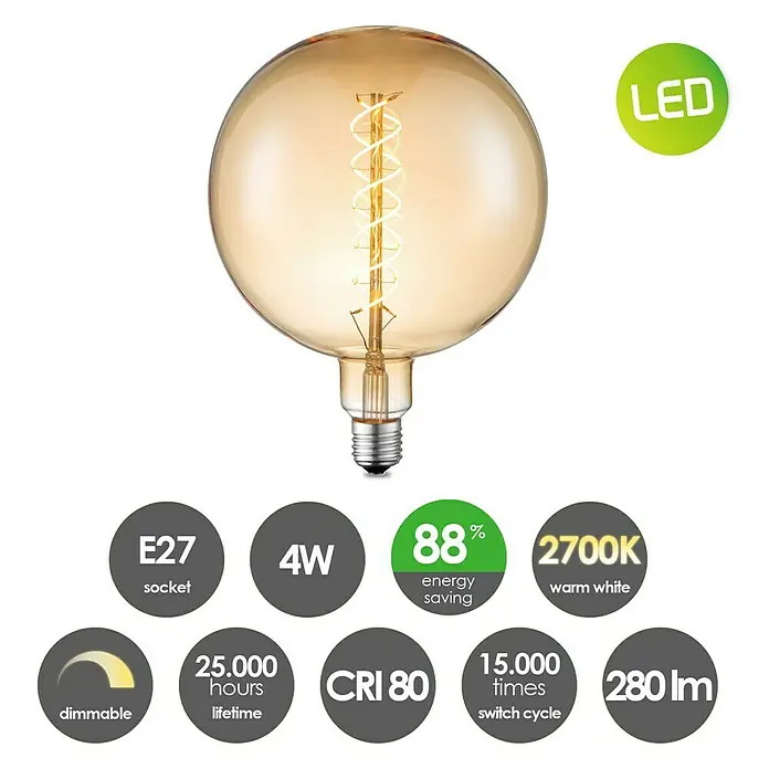 Home Sweet Home LED-Lampe Vintage Globe-Form E27 - E27, Dimmbar, Warmweiß, 220 lm, 6 W, Farbe: Gold - Abbildung einer dekorativen E27 LED-Lampe mit 4W, 2700K warmweißem Licht, dimmbar und energiesparend.