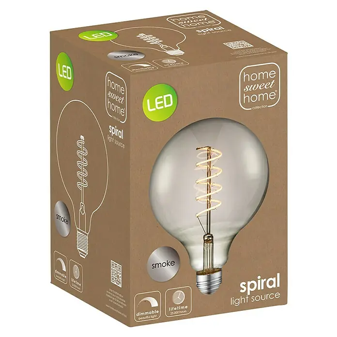 Home Sweet Home LED-Lampe Vintage Globe-Form E27 - E27, Dimmbar, Warmweiß, 140 lm, 4 W - Nahaufnahme der Produktverpackung einer Home Sweet Home Spiral LED-Glühbirne mit rauchfarbenem Glas und Filament-Design.