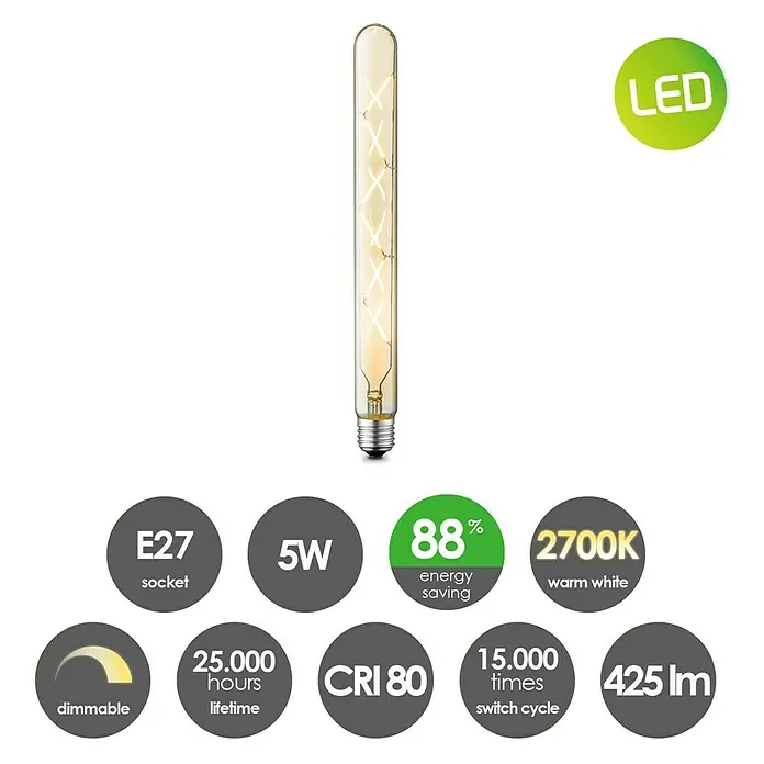 Home Sweet Home LED-Lampe Vintage Globe-Form E27 - E27, Dimmbar, Warmweiß, 330 lm, 5 W, Farbe: Gold - Abbildung einer LED-Glühbirne mit E27-Sockel, 5W, 2700K warmweiß, 425 lm, 25.000 Stunden Lebensdauer und 88% Energieeinsparung.