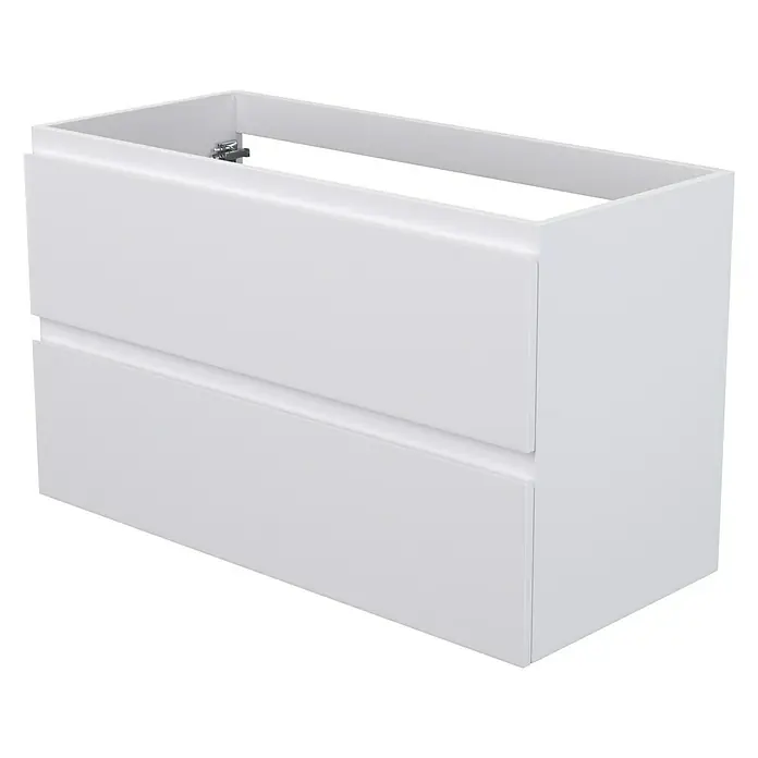 Camargue Espacio Waschtischunterschrank - 100 x 46 x 60 cm, 2 Schubkästen, Gama weiß matt - Ein weißer Badezimmerschrank mit zwei Schubladen und einem offenen oberen Bereich. Ideal für modernes Badezimmerdesign.