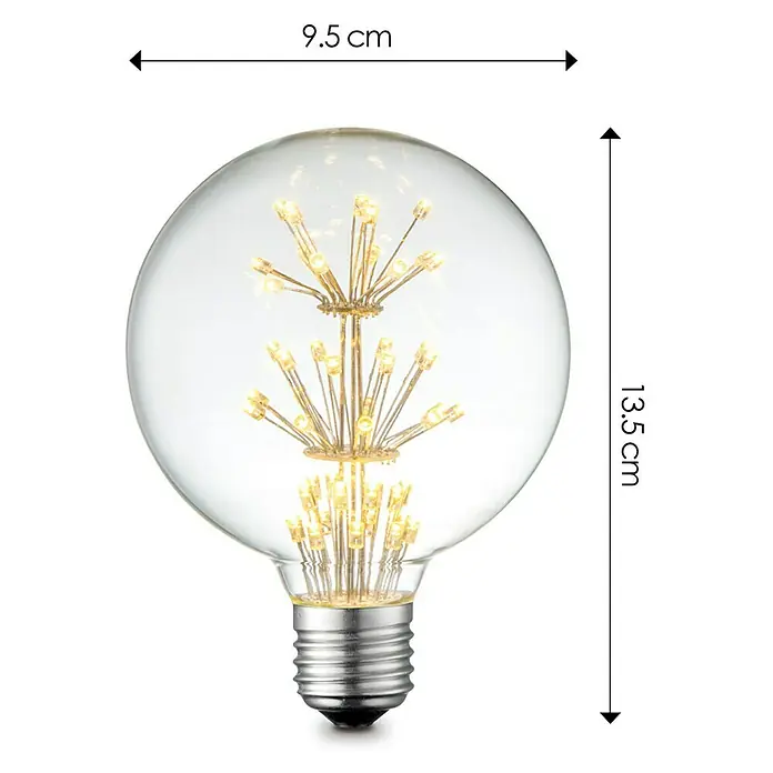 Home Sweet Home LED-Lampe Vintage Globe-Form E27 - E27, Nicht Dimmbar, Warmweiß, 100 lm, 1,5 W - Produktabbildung einer dekorativen LED-Glühbirne mit sphärischem Design und Messangaben zu Abmessungen.