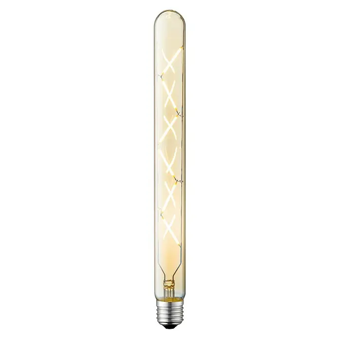 Home Sweet Home LED-Lampe Vintage Globe-Form E27 - E27, Dimmbar, Warmweiß, 330 lm, 5 W, Farbe: Gold - Eine lange, röhrenförmige LED-Glühbirne mit einem dekorativen Kreuzfilament und einem Metallsockel. Das Vintage-Design sorgt für warmes, stimmungsvolles Licht.