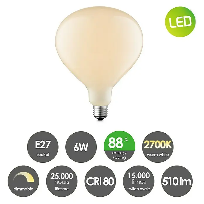 Home Sweet Home LED-Lampe Vintage Globe-Form E27 - E27, Nicht Dimmbar, Warmweiß, 600 lm, 6 W - Abbildung einer LED-Glühbirne mit E27-Sockel, 6W, 2700K warmweiß, 510lm, dimmbar, 25.000 Stunden Lebensdauer und 88% Energieeinsparung.