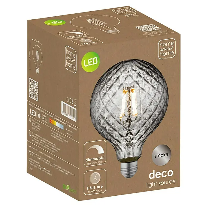 Home Sweet Home LED-Lampe Vintage Globe-Form E27 - E27, Dimmbar, Warmweiß, 40 lm, 4 W - Produktverpackung einer LED-Glühbirne "deco light source" in Rauchglasoptik mit Dimmfunktion und langer Lebensdauer.