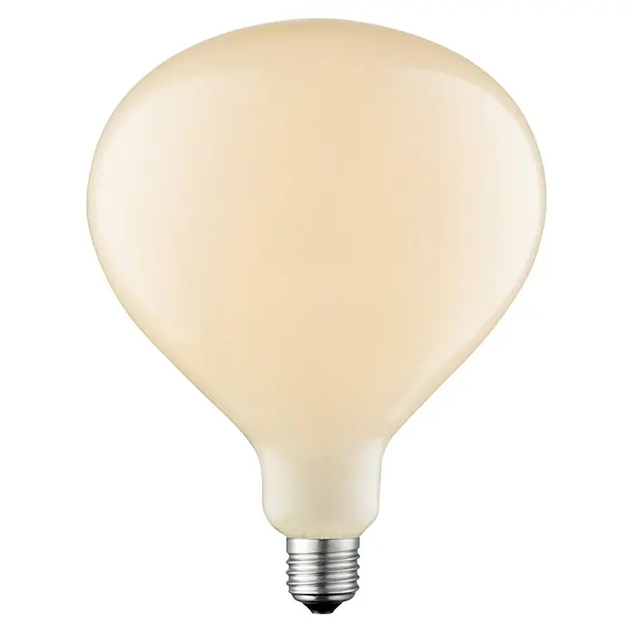 Home Sweet Home LED-Lampe Vintage Globe-Form E27 - E27, Nicht Dimmbar, Warmweiß, 600 lm, 6 W - Nahaufnahme einer matten, cremefarbenen LED-Glühbirne mit Edison-Schraubsockel vor einem neutralen, schwarzen Hintergrund.