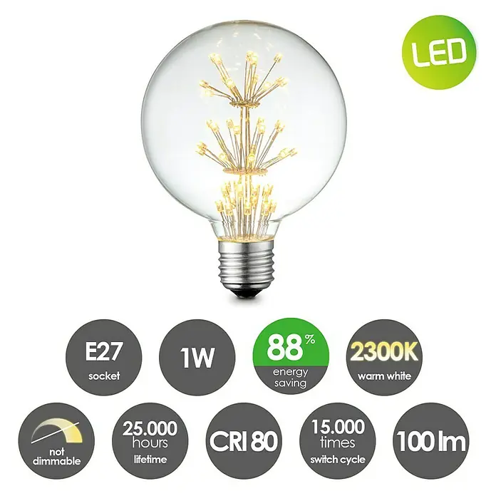 Home Sweet Home LED-Lampe Vintage Globe-Form E27 - E27, Nicht Dimmbar, Warmweiß, 100 lm, 1,5 W - LED-Leuchtmittel mit E27-Sockel, 1W Leistung, 2300K warmweißes Licht, 88% Energieeinsparung, 25.000 Stunden Lebensdauer, nicht dimmbar.