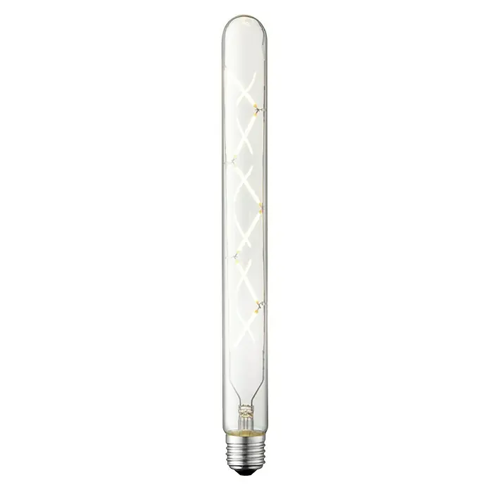Home Sweet Home LED-Lampe Vintage Globe-Form E27 - E27, Dimmbar, Neutralweiß, 350 lm, 5 W, Farbe: Klar - Nahaufnahme einer länglichen LED-Glühbirne mit einem spiralförmigen Filament und E27-Sockel, die warmes, einladendes Licht ausstrahlt.
