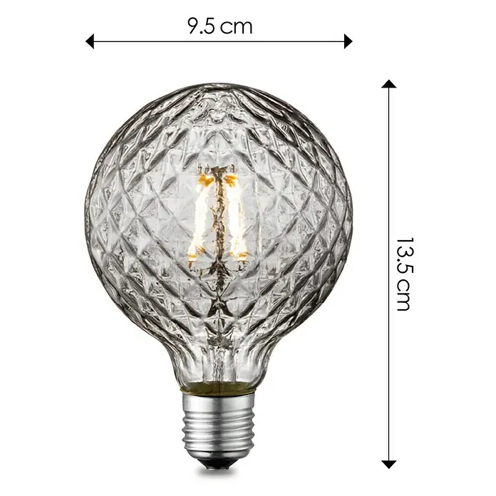 Home Sweet Home LED-Lampe Vintage Globe-Form E27 - E27, Dimmbar, Warmweiß, 40 lm, 4 W - Diese Abbildung zeigt eine dekorative Glühbirne mit einem markanten geometrischen Muster, ideal für stilvolle Beleuchtungslösungen.
