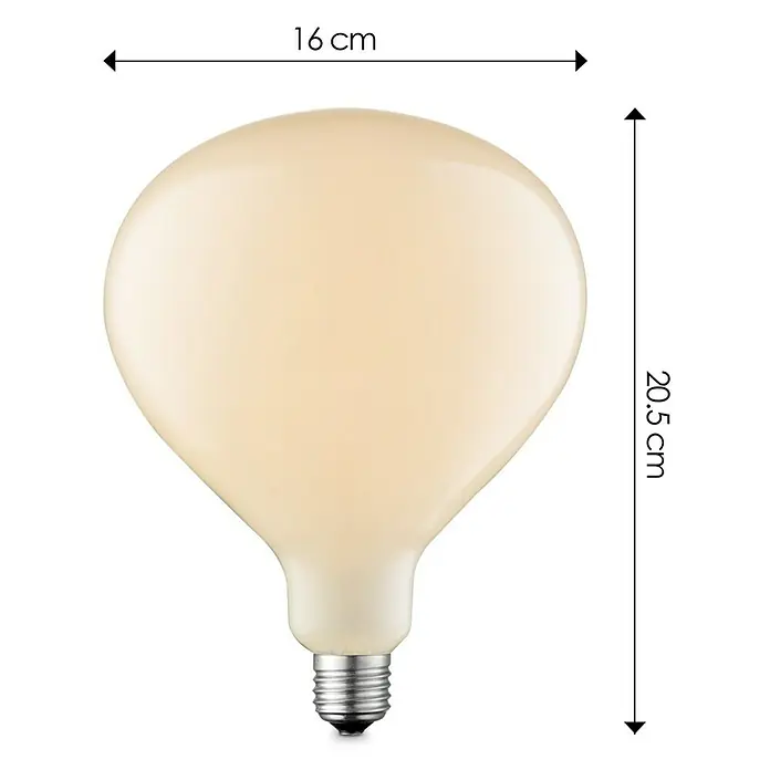 Home Sweet Home LED-Lampe Vintage Globe-Form E27 - E27, Nicht Dimmbar, Warmweiß, 600 lm, 6 W - Abbildung einer cremefarbenen Glühbirne mit den Maßen 16 cm Breite und 20,5 cm Höhe, die die Produktabmessungen hervorhebt.