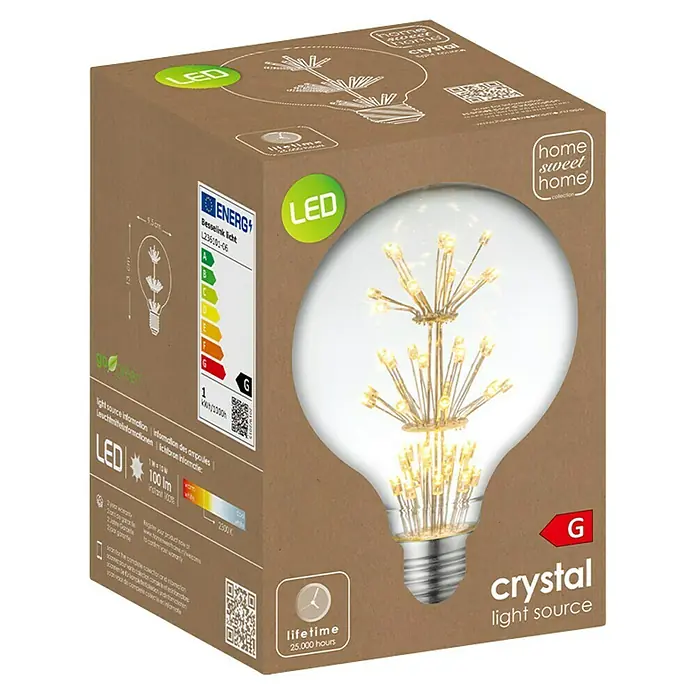 Home Sweet Home LED-Lampe Vintage Globe-Form E27 - E27, Nicht Dimmbar, Warmweiß, 100 lm, 1,5 W - Produktfoto der Crystal Light Source LED-Lampe, Energieklasse G, mit einer Lebensdauer von 25.000 Stunden.
