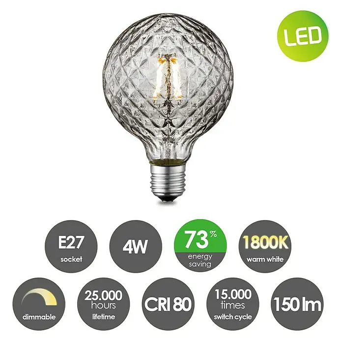 Home Sweet Home LED-Lampe Vintage Globe-Form E27 - E27, Dimmbar, Warmweiß, 40 lm, 4 W - Ein dekoratives LED-Leuchtmittel mit E27-Sockel, 4W Leistung, warmweißem Licht (1800K) und einer Lebensdauer von 25.000 Stunden.