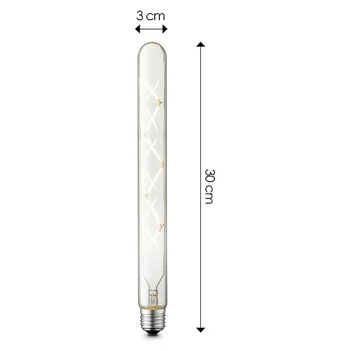 Home Sweet Home LED-Lampe Vintage Globe-Form E27 - E27, Dimmbar, Neutralweiß, 350 lm, 5 W, Farbe: Klar - Abbildung einer LED-Glühbirne in Röhrenform mit sichtbaren Glühfäden und den Maßen 3 cm Durchmesser und 30 cm Länge.