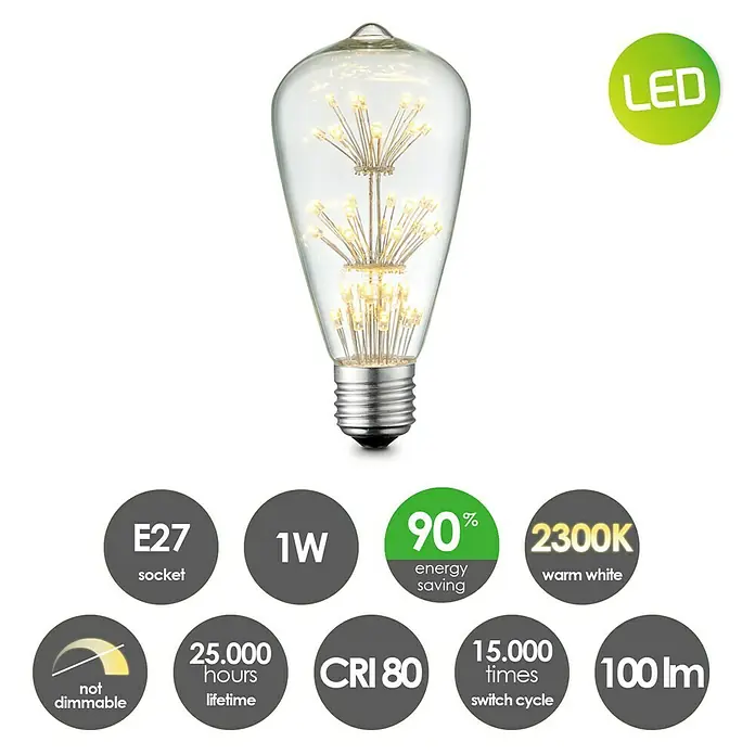 Home Sweet Home LED-Lampe Vintage Glühlampenform E27 - E27, Nicht Dimmbar, Warmweiß, 100 lm, 1,5 W - Produktbild einer LED-Lampe im Retro-Stil, die mit 1W Leistung ein warmweißes Licht von 2300K erzeugt und einen E27-Sockel besitzt.