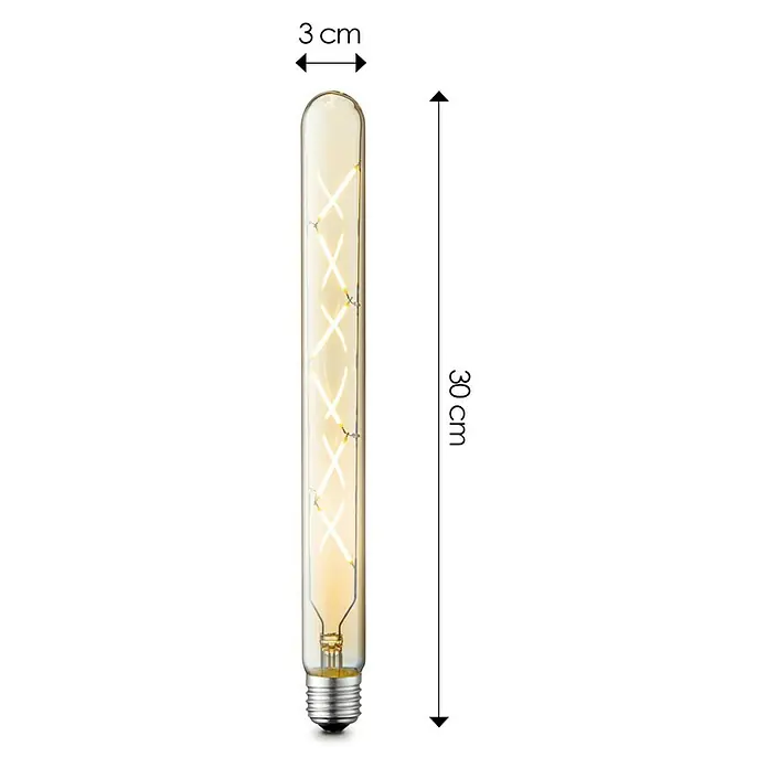 Home Sweet Home LED-Lampe Vintage Globe-Form E27 - E27, Dimmbar, Warmweiß, 330 lm, 5 W, Farbe: Gold - Filament-Glühbirne: schlankes, langes Design mit warmem Licht und dekorativen Wendeln. Maße: 3 cm breit, 30 cm hoch.
