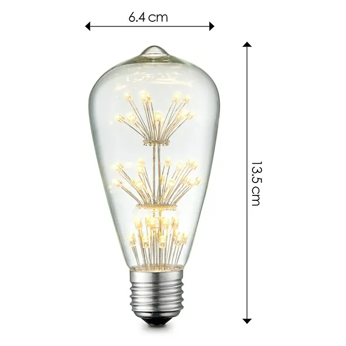 Home Sweet Home LED-Lampe Vintage Glühlampenform E27 - E27, Nicht Dimmbar, Warmweiß, 100 lm, 1,5 W - Abbildung einer dekorativen Edison-Glühbirne mit detaillierten Abmessungen. Die Glühbirne kombiniert Vintage-Ästhetik mit moderner LED-Technologie.