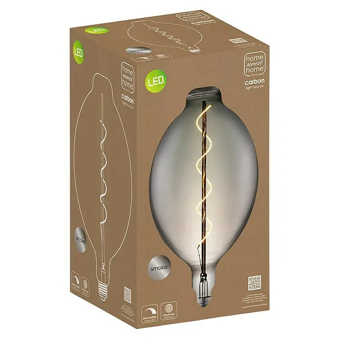 Home Sweet Home LED-Lampe Vintage Globe-Form E27 - E27, Dimmbar, Warmweiß, 20 lm, 4 W - Eine Nahaufnahme der Verpackung einer "Home Sweet Home" LED-Glühbirne mit Kohlefaden, die ein warmes und einladendes Licht verspricht.