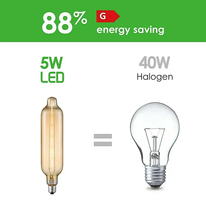Home Sweet Home LED-Lampe Edison - E27, Dimmbar, Warmweiß, 250 lm, 5 W, Kapsel - LED-Lampe mit 5 W im Vergleich zu einer 40 W Halogenlampe, die 88 % Energie spart, dargestellt in einem anschaulichen Vergleich.