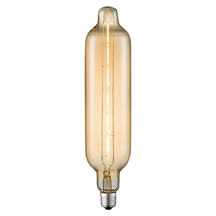 Home Sweet Home LED-Lampe Edison - E27, Dimmbar, Warmweiß, 250 lm, 5 W, Kapsel - Nahaufnahme einer länglichen, bernsteinfarbenen Glühbirne mit einem vertikalen Glühfaden, der ein warmes, einladendes Licht ausstrahlt.