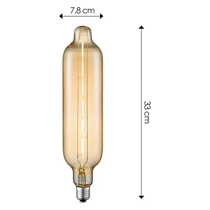 Home Sweet Home LED-Lampe Edison - E27, Dimmbar, Warmweiß, 250 lm, 5 W, Kapsel - Nahaufnahme einer bernsteinfarbenen Vintage-Glühbirne mit den Maßen 7,8 cm in der Breite und 33 cm in der Länge.