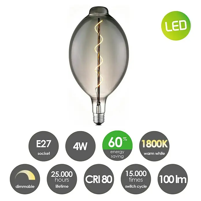 Home Sweet Home LED-Lampe Vintage Globe-Form E27 - E27, Dimmbar, Warmweiß, 20 lm, 4 W - LED-Lampe mit E27-Sockel, 4W Leistung, 60% Energieeinsparung, 1800K warmweiß, dimmbar, 25.000 Stunden Lebensdauer.
