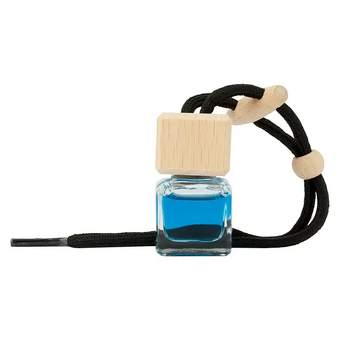 Ambientador de coche para colgar - Vainilla, 8 sem. - Un ambientador para coche con una botella de líquido azul, un tapón de madera y un cordón negro para colgar.