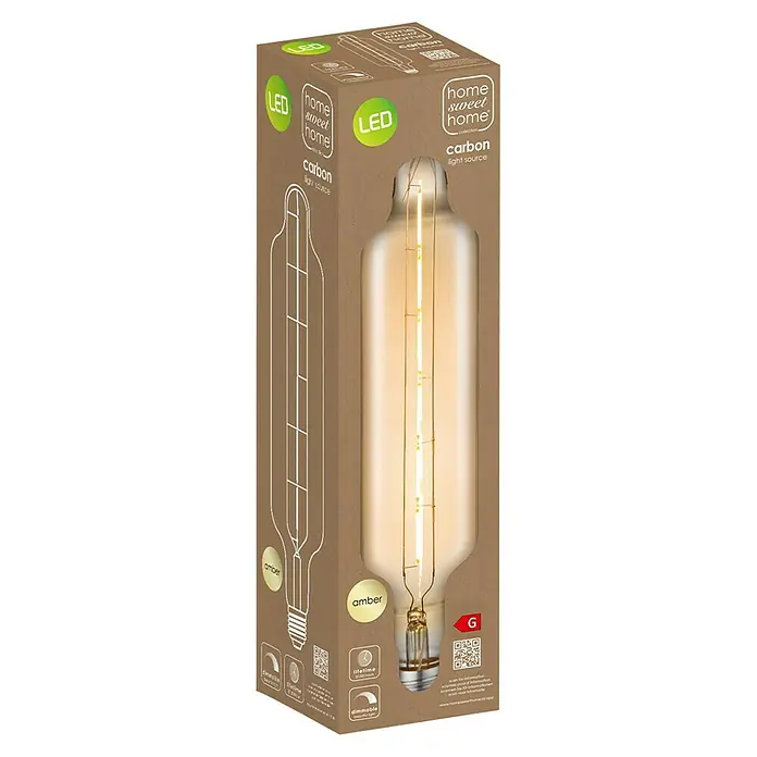 Home Sweet Home LED-Lampe Edison - E27, Dimmbar, Warmweiß, 250 lm, 5 W, Kapsel - Nahaufnahme einer Home Sweet Home Carbon LED-Glühbirne in Amber, verpackt in einem Karton mit Produktinformationen.